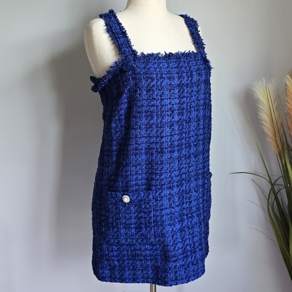 ZARA, New Blue Tweed Pinafore Preppy Jeweled Pocket Mini Dress Womens Size XL - Picture 6 of 13